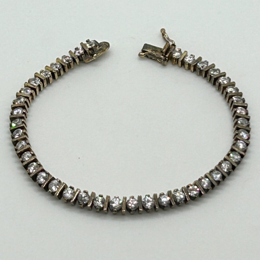 Vintage Sterling Silver Tennis Bracelet Gold Vermeil CZ Round Cut Cubic Zirconia - Picture 2 of 13